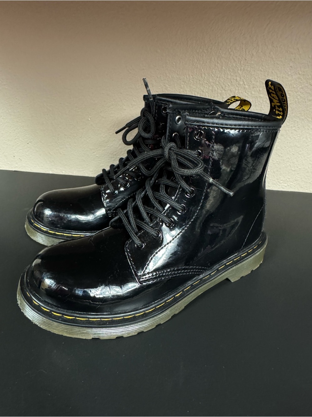 Dr. Martens Patent Leather Black Glossy Combat Boots Youth Size 3